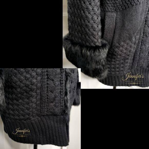 Essentiel Antwerp Black Wool Cable Knit Faux Mink Trimmed Cardigan - Picture 6 of 13